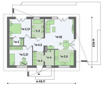 Проект одноэтажного загородного дома с мансардой и двускатной кровлей