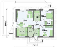 Проект одноэтажного загородного дома с мансардой и двускатной кровлей