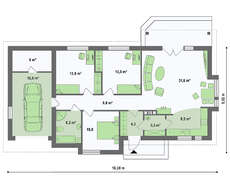 План строительства одноэтажного дома площадью 121 кв.м.с небольшим гаражом