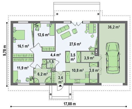 Проект одноэтажного загородного коттеджа вытянутой формы