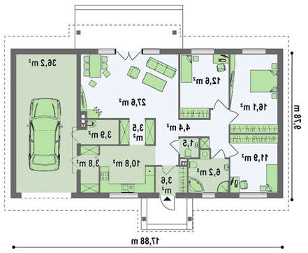 Проект одноэтажного загородного коттеджа вытянутой формы