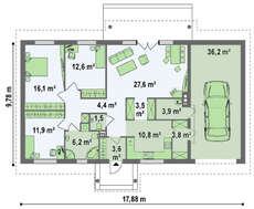 Проект одноэтажного загородного коттеджа вытянутой формы