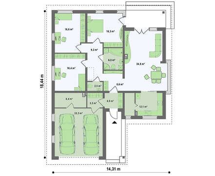 Привлекательный проект одноэтажного коттеджа с гаражом для двух автомобилей