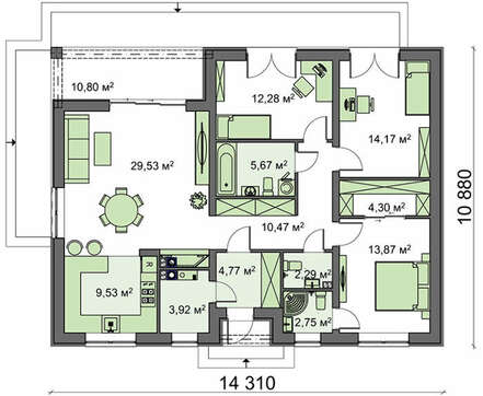 План коттеджа площадью 124 кв. м для узкого участка