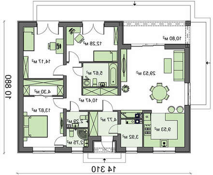 План коттеджа площадью 124 кв. м для узкого участка