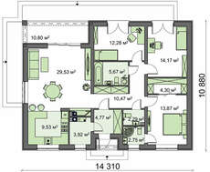 План коттеджа площадью 124 кв. м для узкого участка