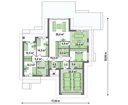 План современного коттеджа площадью 246 кв. м с просторным гаражом на две машины