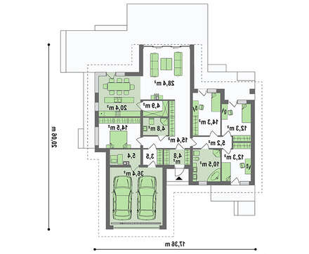 План современного коттеджа площадью 246 кв. м с просторным гаражом на две машины