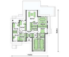 План современного коттеджа площадью 246 кв. м с просторным гаражом на две машины