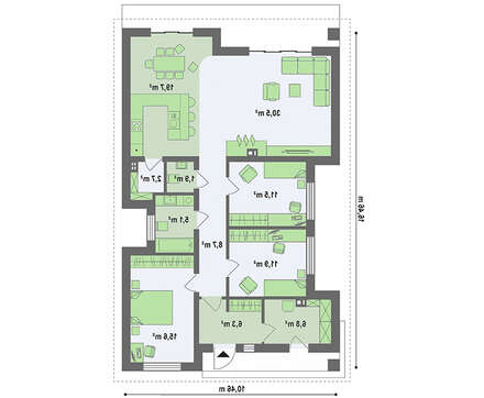 Проект одноэтажного коттеджа на 120 кв. м с четырехскатной крышей из металлочерепицы