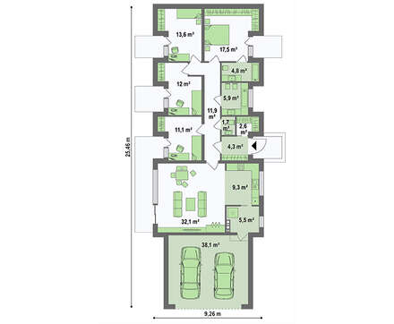 План стильного коттеджа площадью 170 кв. м с гаражом на два автомобиля