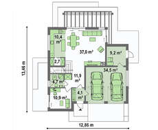 Планировка коттеджа на 220 кв. м с просторной жилой зоной на втором этаже