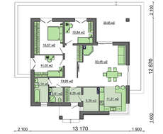 Планировка небольшого дома на 103 кв. м с просторной гостиной, оборудованную камином