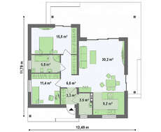 Чертеж сезонного коттеджа площадью 86 кв. м с большой террасой и массивными колоннами