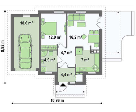 Планировка сезонного дома площадью 68 кв. м с одной спальней