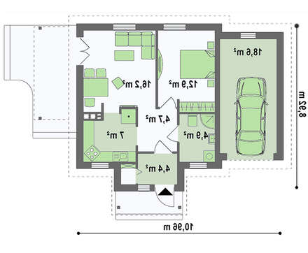 Планировка сезонного дома площадью 68 кв. м с одной спальней
