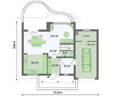 Чертеж современного коттеджа площадью 151 кв. м с пристроенным гаражом