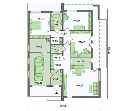 Планировка красивого дома на 148 кв. м с тремя спальнями и гаражом