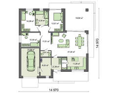Проект одноэтажного дома с тремя спальнями и гаражом