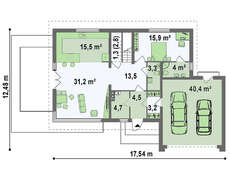 Проект удобного коттеджа с мансардой, гостиной и гаражом на 2 машины