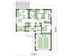 План классического дома общей площадью 120 кв. м в европейском стиле с пристроенным гаражом