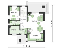План современного коттеджа со стеклянными балконами и деревянным декором общей площадью 165 кв. м, жилой 110 кв. м