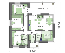 План компактного одноэтажного дома с ярким экстерьером общей площадью 115 кв. м, жилой 59 кв. м