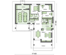 План небольшого одноэтажного коттеджа Г-образной формы с жилой площадью 45 кв. м