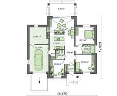 План симпатичного одноэтажного коттеджа с красочным натуральным декором общей площадью 130 кв. м, жилой 61 кв. м