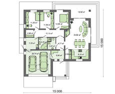 Проект одноэтажного дома в европейском стиле с пристроенным гаражом на два автомобиля общей площадью 165 кв. м, жилой 70 кв. м