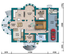Схема просторного особняка площадью 430 кв. м с круглым балконом и пристроенным гаражом