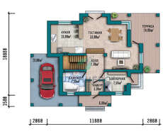 План коттеджа площадью 155 кв. м с капитальным навесом для автомобиля