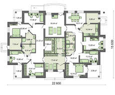 План одноэтажного коттеджа с 7 спальнями и и 4 санузлами площадью 248 кв. м
