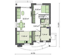 План стильного дома площадью 135 кв. м с декором из натурального камня