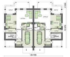 Проект двухквартирного таунхауса общей площадью 416 кв. м со встроенными гаражами