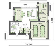 Схема шикарного одноэтажного коттеджа площадью 224 кв. м с просторной открытой террасой на втором этаже