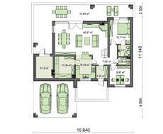 Схема оригинального коттеджа площадью 188 кв. м в европейском стиле с просторной гостиной