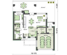 Схема кирпичного коттеджа площадью 250 кв. м с деревянным декором