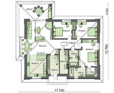 Схема коттеджа площадью 172 кв. м с просторной гостиной, оборудованной настоящим камином