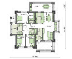 План кирпичного одноэтажного дома с эркером и террасой площадью 164 кв.м