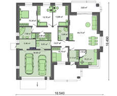 Схема строительства одноэтажного дома с гаражом для 2 машин площадью 201 кв.м.