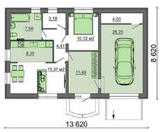 Проект для строительства дачного коттеджа с гаражом общей площадью 90 кв.м.