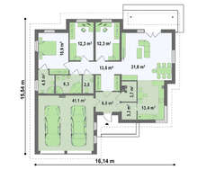 Одноэтажный коттедж с кирпичным фасадом и с гаражом для двух авто
