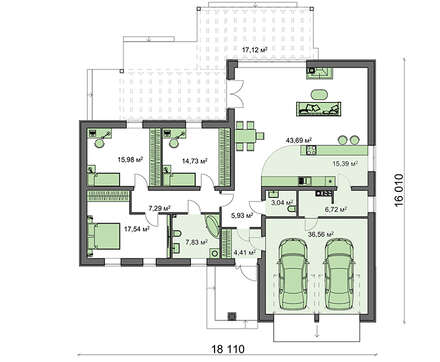 Проект 1-этажного коттеджа с фронтальным гаражом для двух машин