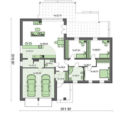 Проект 1-этажного коттеджа с фронтальным гаражом для двух машин