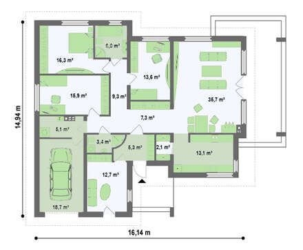 Уютный проект коттеджа с гаражом на 1 автомобиль