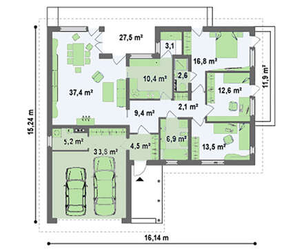 Большой одноэтажный коттедж со сдвоенным гаражом