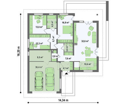 Одноэтажный коттедж с гаражом для двух автомобилей и большим хозяйственным помещением