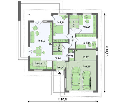 Одноэтажный коттедж с гаражом для двух автомобилей и большим хозяйственным помещением