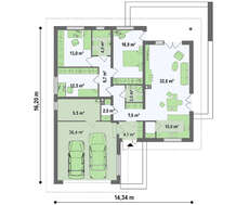 Одноэтажный коттедж с гаражом для двух автомобилей и большим хозяйственным помещением
